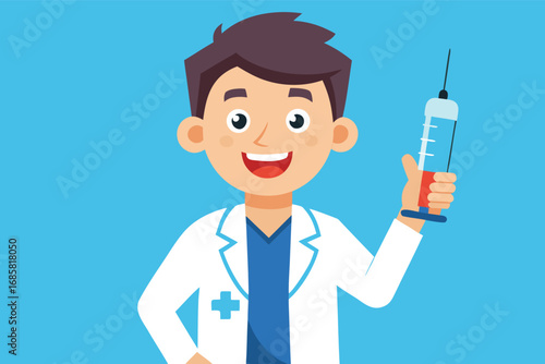 Young doctor joyfully holding a syringe in a bright blue background