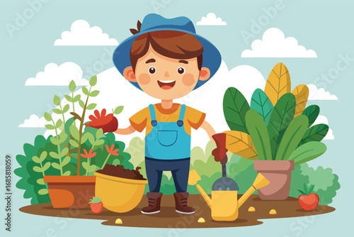 Young boy enjoying gardening activities on a sunny day with plants and tools around him