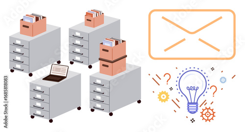 Office cabinets with document boxes, laptop on one cabinet, envelope graphic denoting communication, light bulb and gears for ideas. Ideal for office organization, productivity, ideas, digital