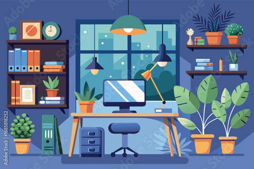 Home office workspace design with plants and modern decor at night