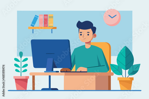 Working on a computer in a cozy home office with plants and a clock on the wall