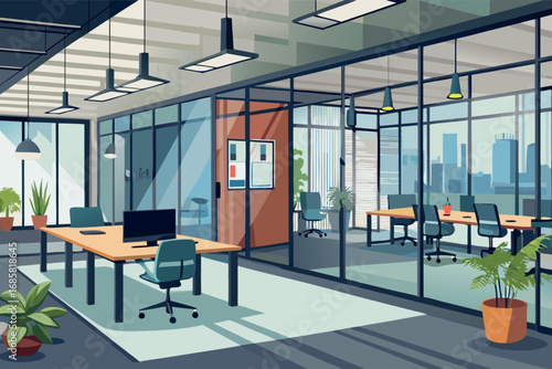 Modern office interior with plants and natural light during daytime hours