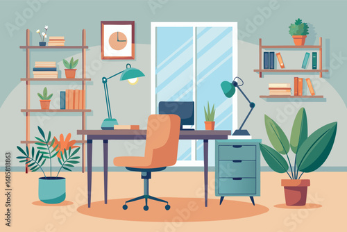 Modern office workspace featuring plants and stylish furniture in a bright environment