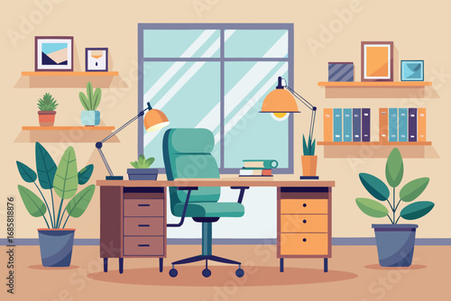 Modern home office setup with plants, shelves, and natural light in a cozy environment