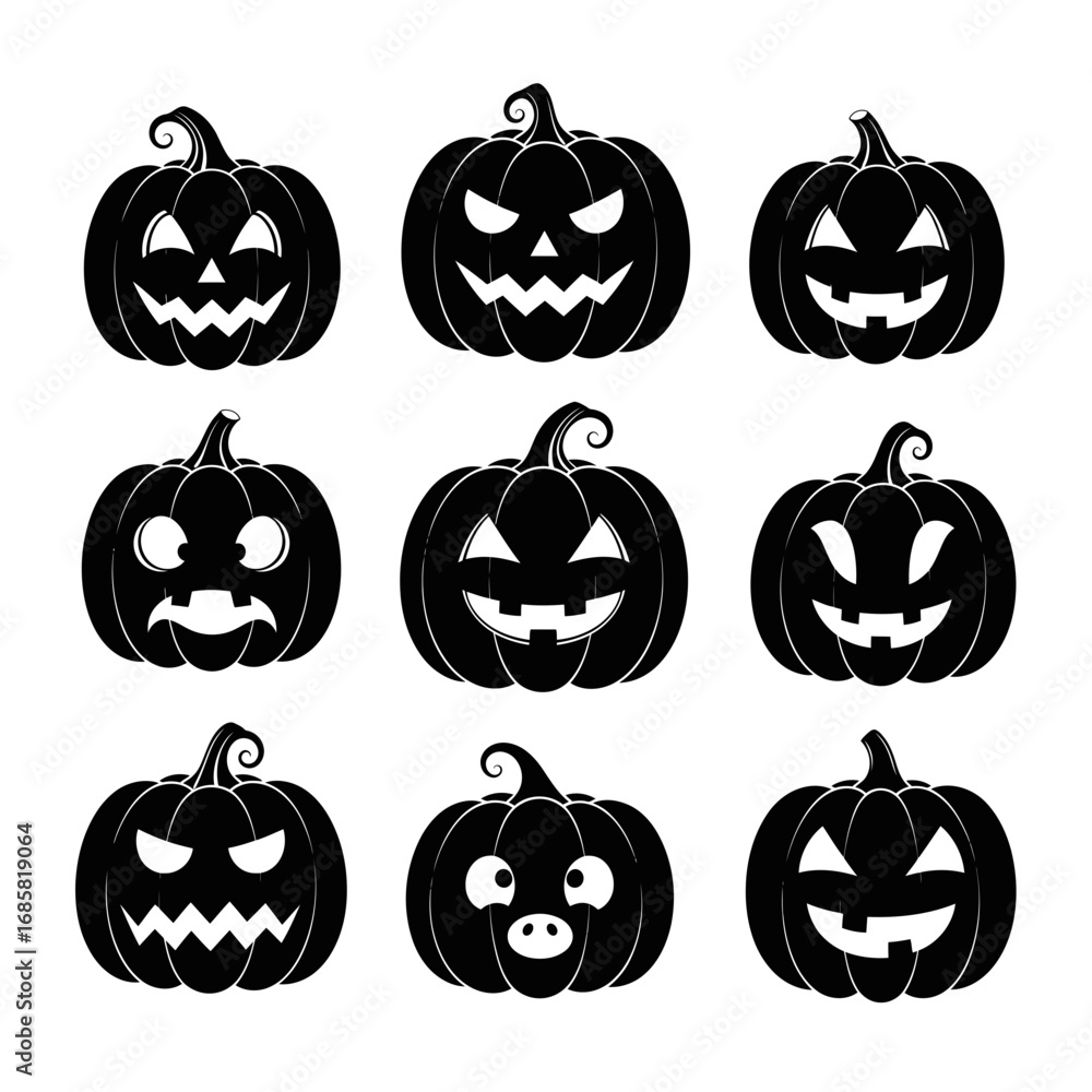 Vector art of set of halloween pumpkin faces, jack o lantern with different expressions and spooky carving design