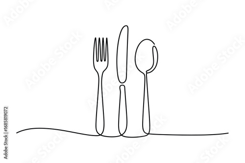 Minimalist Continuous One-Line Art of a Fork, Knife, and Spoon