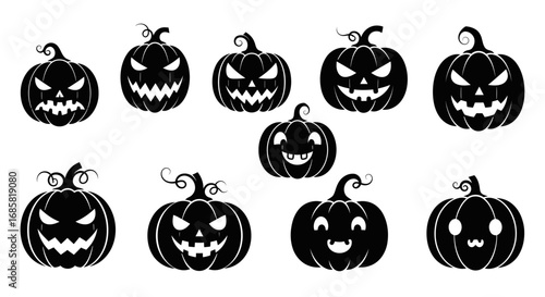 Vector art of collection of halloween pumpkin faces, jack o lantern with different expressions and spooky carving