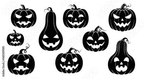 Vector art of set of spooky halloween pumpkins with carved faces, perfect for festive designs and decorations