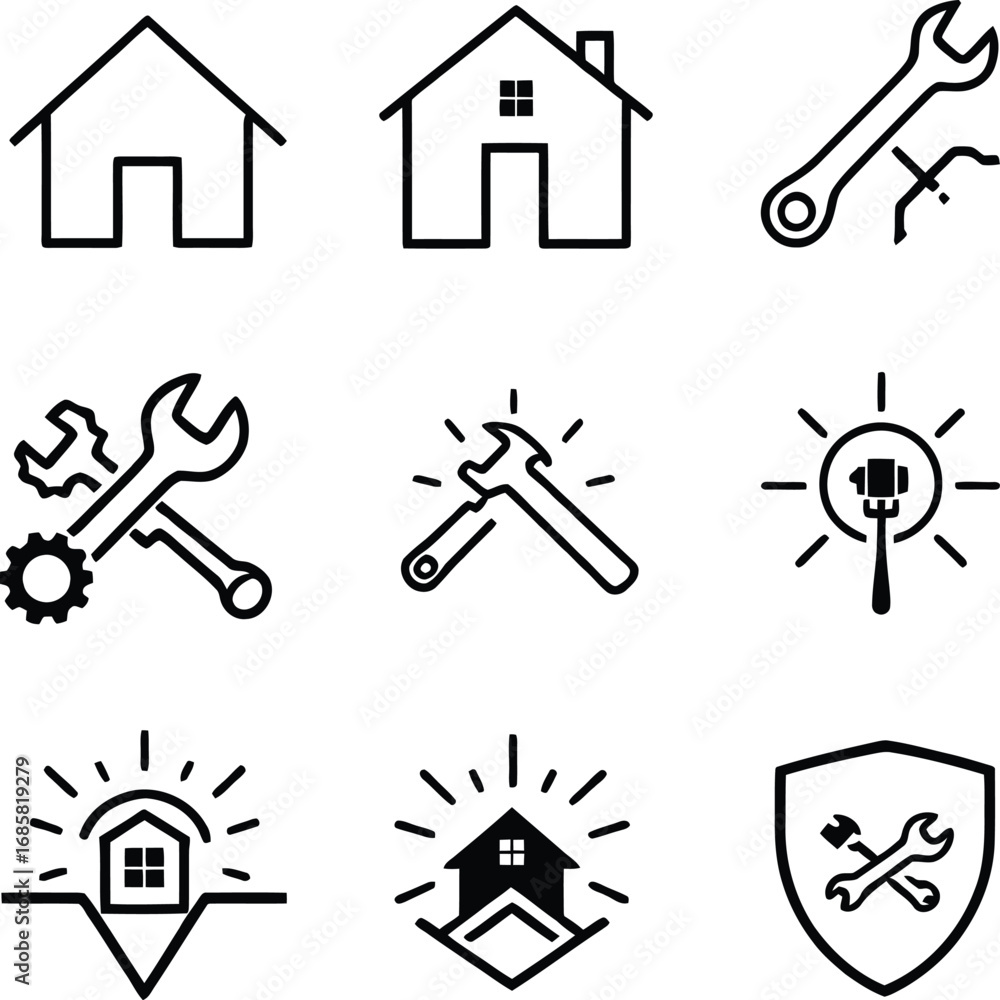 Fototapeta premium Nine black and white icons depicting houses and wrenches in a vector graphic illustration style