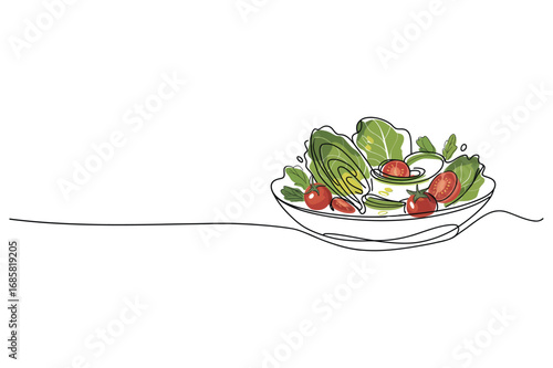 Continuous One-Line Vector Drawing of a Fresh Salad in a Bowl for Healthy Eating and Food. Editable Stroke.