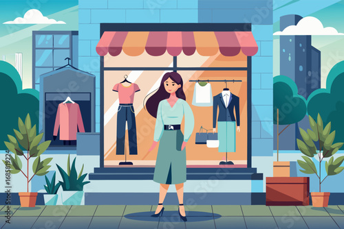 Fashionable woman standing outside a boutique on a sunny day in an urban setting