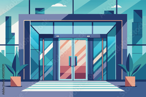 Modern entrance of a glass building with a clean design and vibrant colors