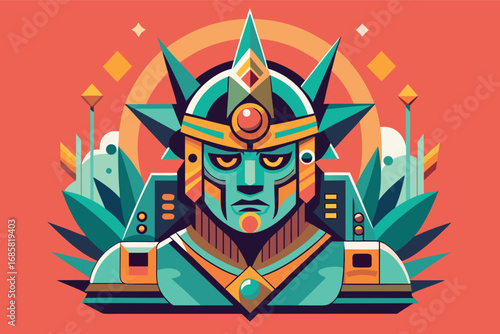 Artistic representation of a powerful statue with vibrant colors and geometric shapes
