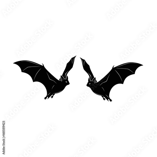 Vector art of two bats facing each other, , creating a symmetrical and slightly spooky halloween themed composition