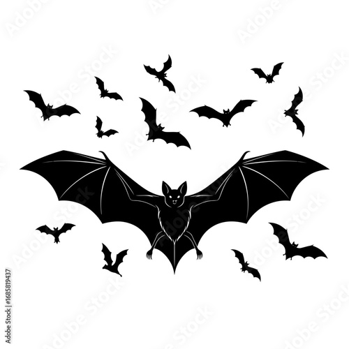 Vector art of a swarm of bats flying, with a large bat in the center, ideal for halloween and horror themed projects