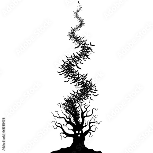 Vector art of spooky tree with a scary face and a swarm of bats flying out of it, perfect for halloween designs
