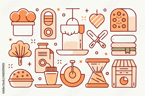 A collection of kitchen items and food illustrations features various culinary elements