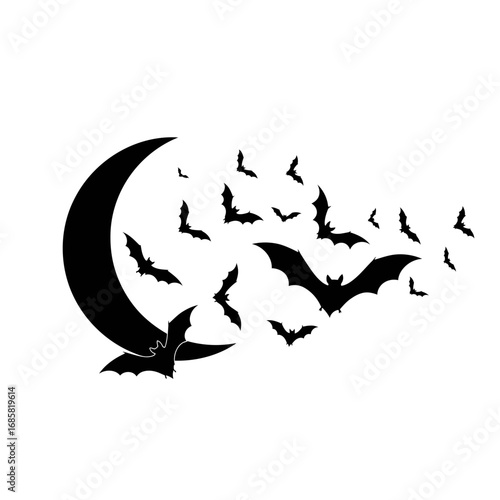 Vector art of a spooky halloween design featuring a crescent moon with a swarm of bats flying around for festive decorations