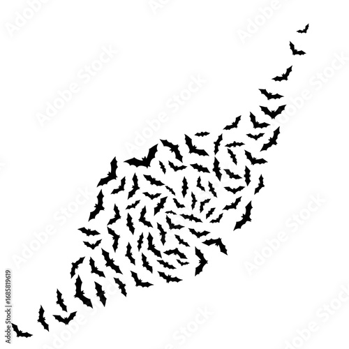 Vector art of a dynamic swarm of bats in flight, creating a striking and eerie pattern for halloween themed designs
