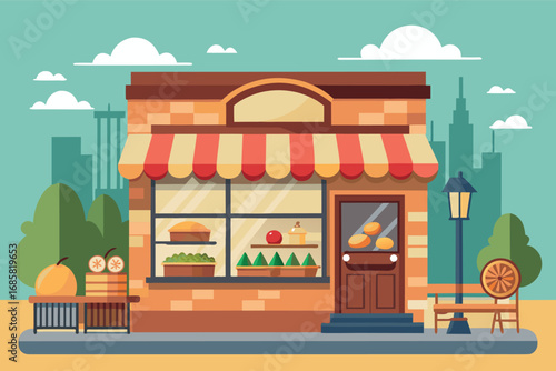 Bakery storefront in a city with colorful display and vibrant surroundings