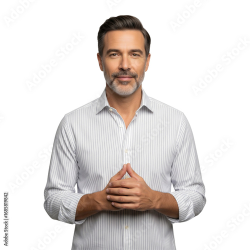 Mature handsome man with beard and graying hair, wearing a striped shirt, isolated on transparent background