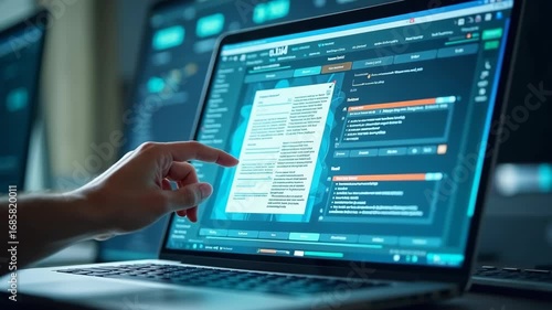 Document management concept, check electronic documents on digital documents on virtual screen Document Management System and process automation to efficiently document paperless processes.