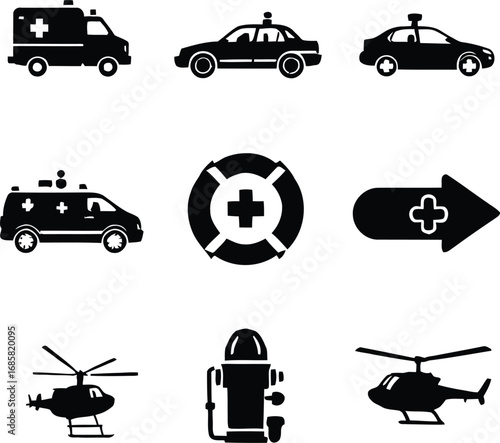 A collection of emergency and rescue service icons including ambulance police helicopter and life preserver