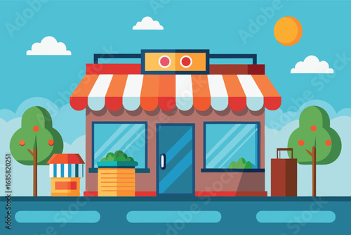 Colorful storefront with striped awning and sunny sky in a vibrant neighborhood