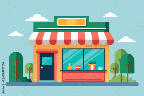 Colorful small shop with awning and garden on a bright day