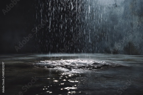 Rain falling on a dark surface creates a serene and reflective atmosphere in an enclosed space, evoking tranquility amidst the stormy backdrop of night
