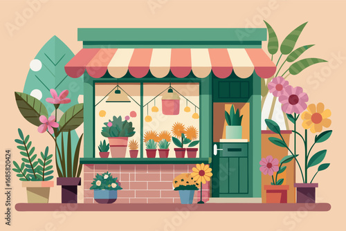 Charming flower shop with colorful plants and vibrant decor in a sunny outdoor setting
