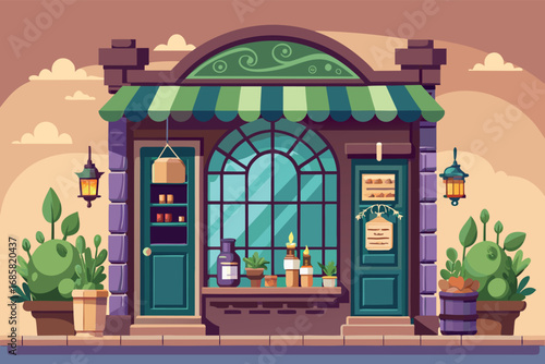 Cute storefront with greenery and charming decor during sunny day in a quaint neighborhood