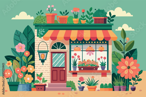Charming flower shop adorned with colorful plants and blooms in a vibrant setting