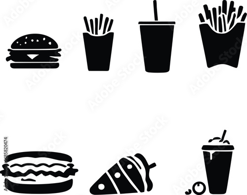 A collection of black and white vector icons depicting fast food items on a white background surface view