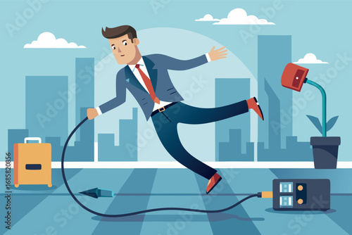 Businessman trips over electrical cord while working remotely in modern city setting