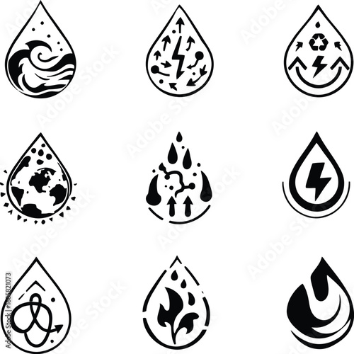 Nine water drop icons with different symbols inside each drop in a black and white graphic design style