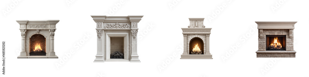 Naklejka premium Set of Decorative fireplace with burning fire isolated on transparent background