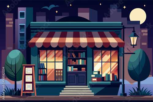 Bookstore storefront illuminated at night with city skyline backdrop
