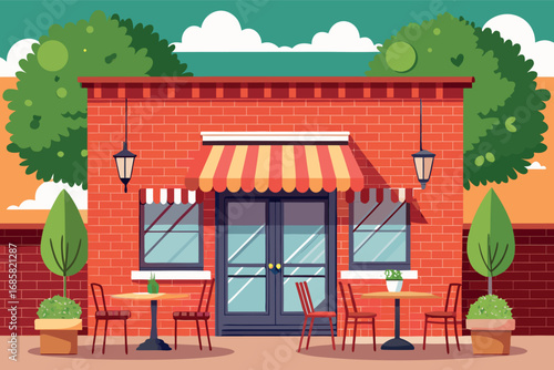 Charming cafe with striped awning and outdoor seating in a sunny environment