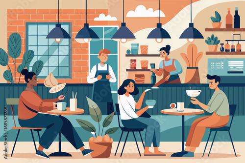 Cozy cafe setting with people enjoying drinks and snacks during mid-morning