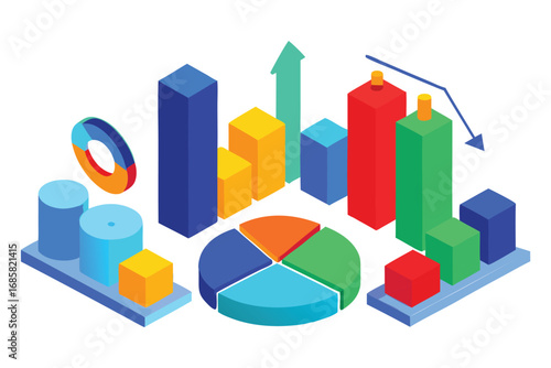 Isometric 3D bar charts pie chart and downward arrow on white background graph data