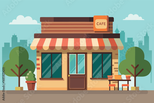 Charming cafe in urban setting with colorful facade and outdoor seating