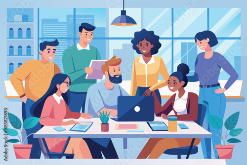 Team collaborates in modern office space during brainstorming session