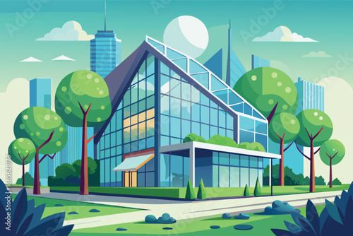 Modern architectural design of a glass building surrounded by greenery in an urban setting