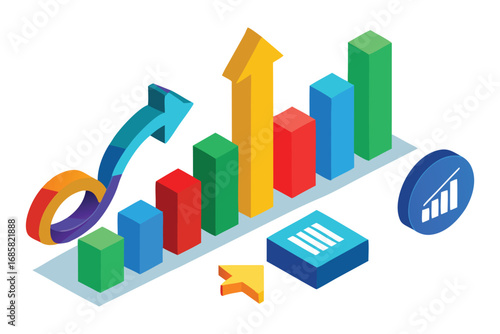 Isometric bar graph with upward arrow and colorful blocks on white background Keywords: 3D, abstract, analytics, arrow, bars