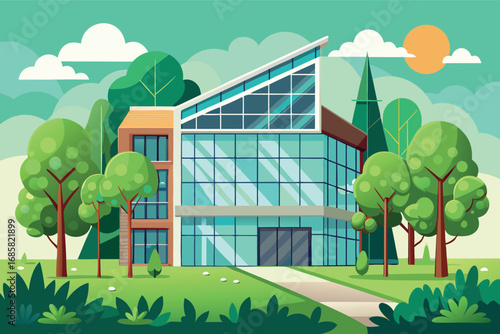 Modern architectural building surrounded by green landscape on a sunny day with clouds