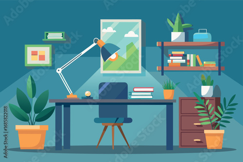 Modern workspace with plants and vibrant decor creating a welcoming home office environment