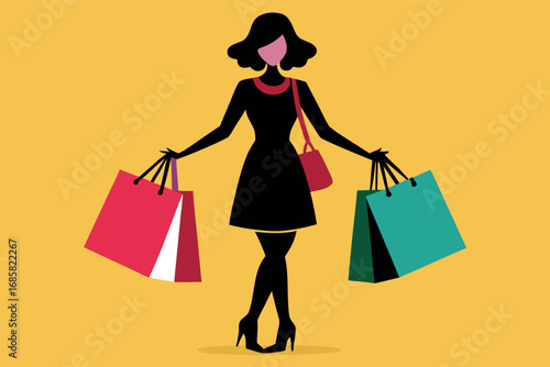 Fashionable woman enjoys shopping with colorful bags against a bright background