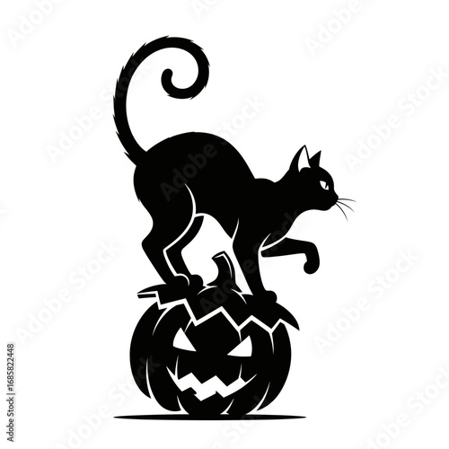 Vector art of black cat standing on a carved pumpkin, halloween vector illustration, spooky and scary theme