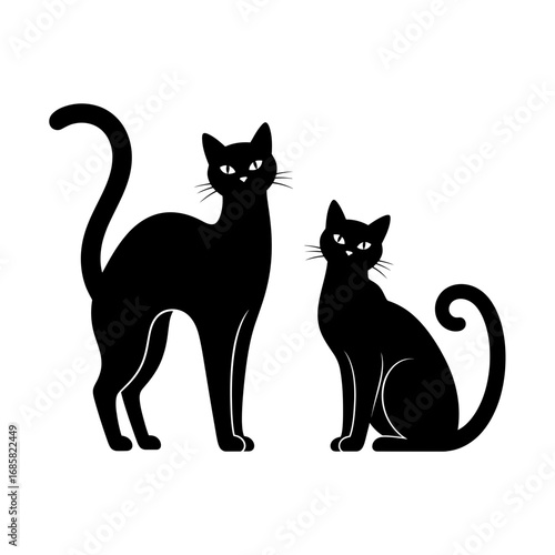 Vector art of two black cats standing and sitting, halloween silhouette of spooky animal, vector illustration